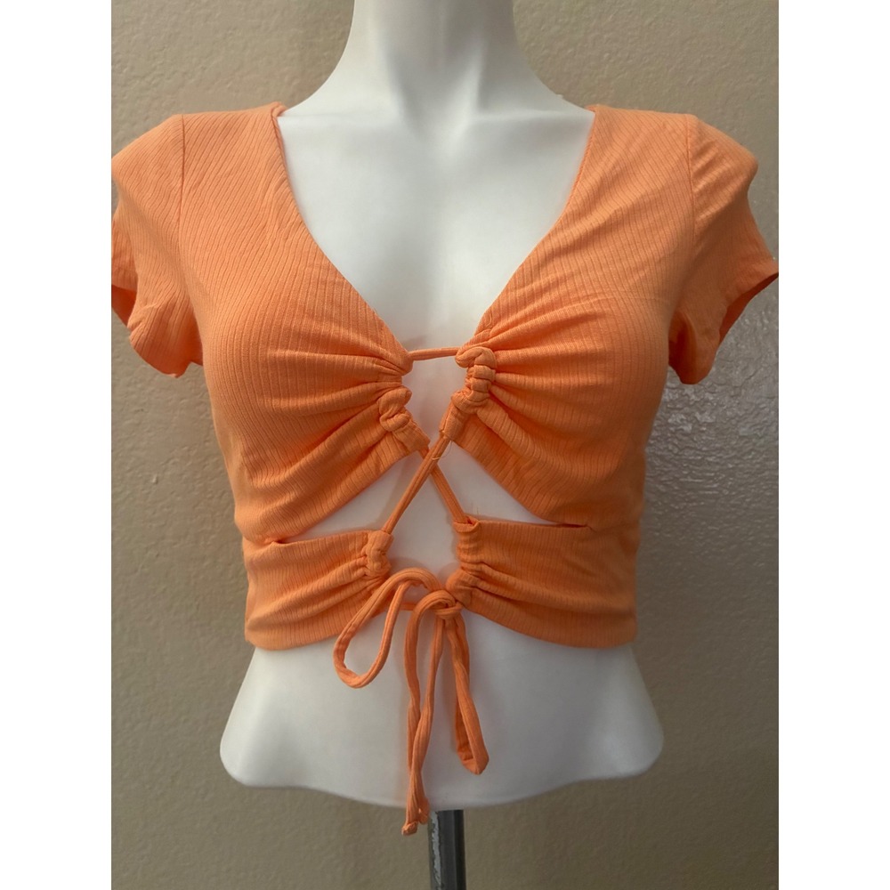 Cotton On Orange Ribbed Front Tie Cutout Crop Top Short Sleeve Large NWT